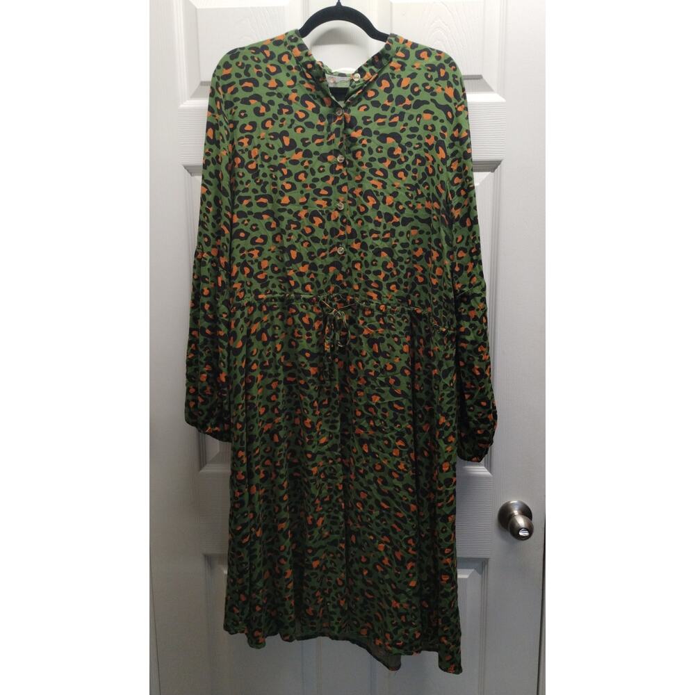 KIRUNDO Women's Size XL Green Orange Leopard Cheetah Long Sleeve Shirt Dress